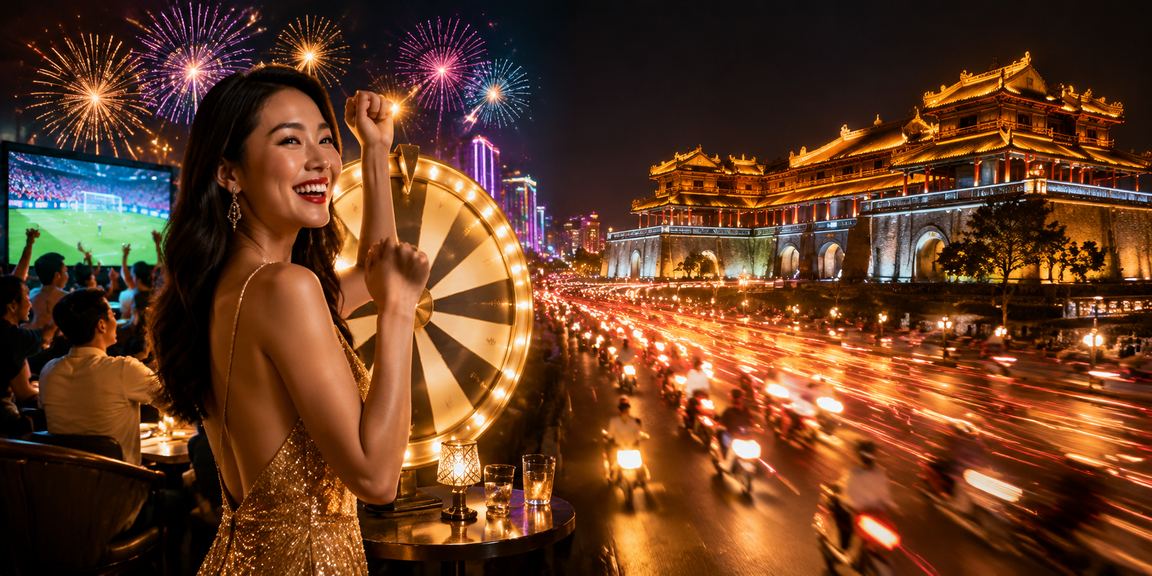 Không khí đêm neon tại Huế với người dùng tham gia trò chơi may mắn trực tuyến